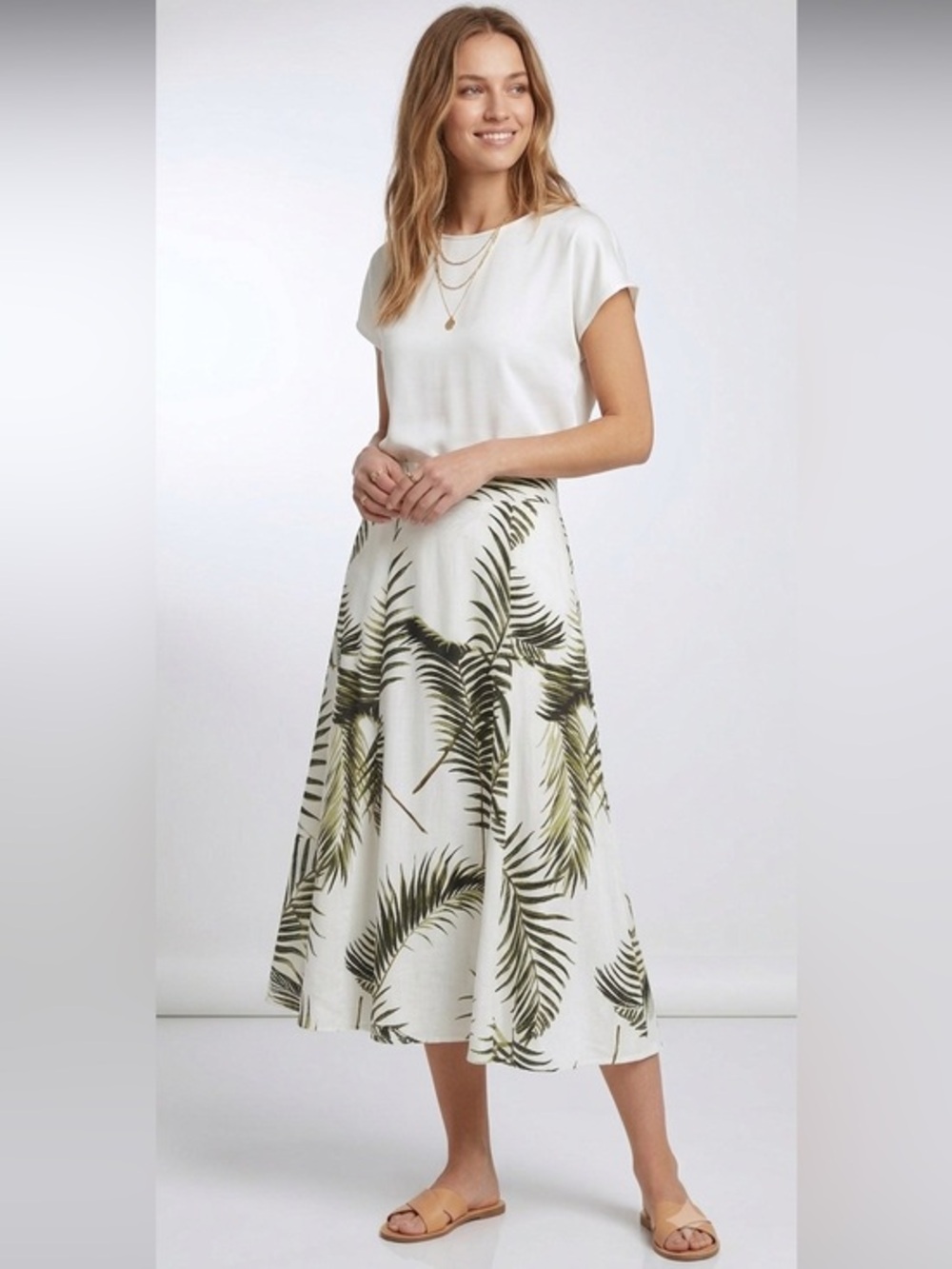 H&M White & Green Palm Print Midi Skirt Size 4